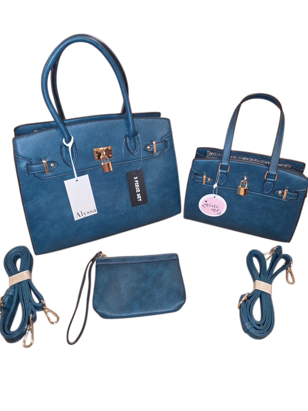 Brand New - 3-Piece Teal Blue Satchel Set - Large Purse, Mini Me & Pouch